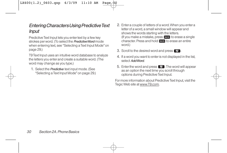 Entering characters using predictive text input | LG LGLX600 User Manual | Page 44 / 193