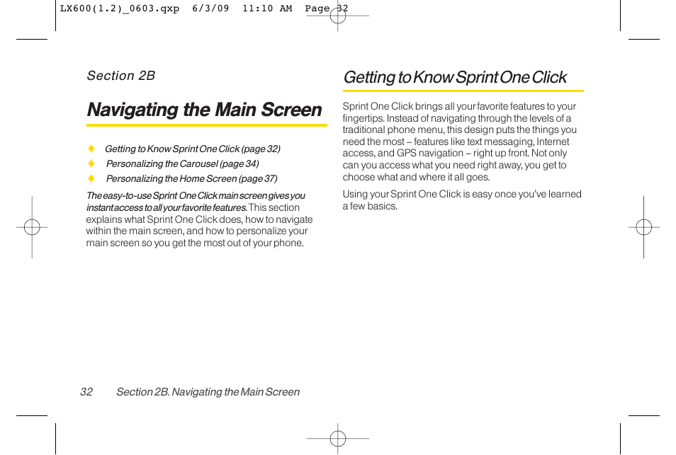 Navigating the main screen, Getting to know sprint one click | LG LGLX600 User Manual | Page 46 / 193