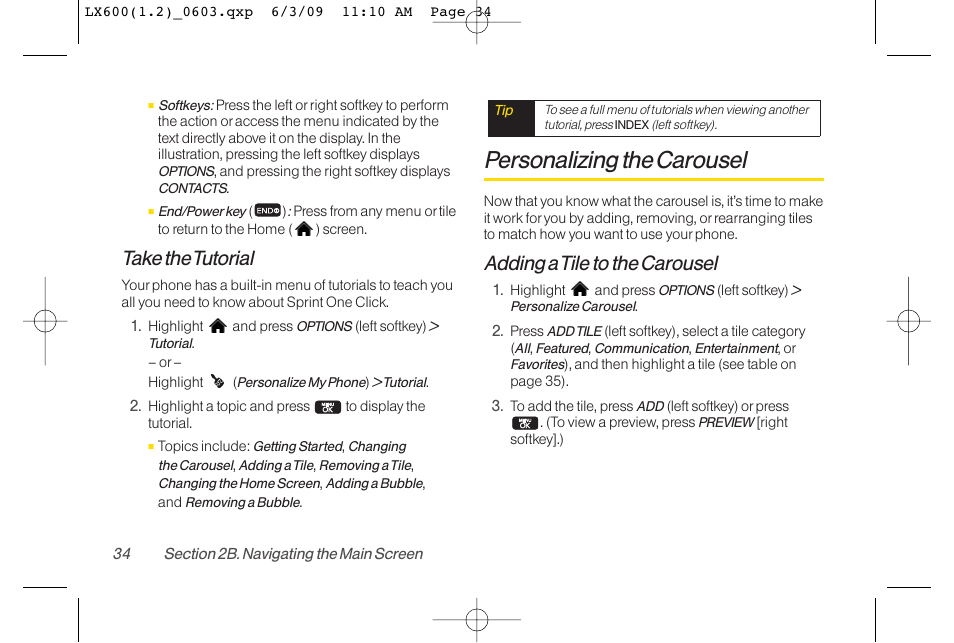 Personalizing the carousel, Take the tutorial, Adding a tile to the carousel | LG LGLX600 User Manual | Page 48 / 193