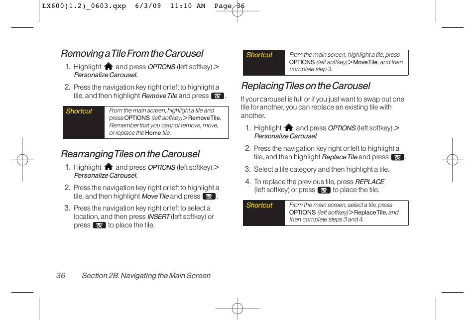 Removing a tile from the carousel, Rearranging tiles on the carousel, Replacing tiles on the carousel | LG LGLX600 User Manual | Page 50 / 193