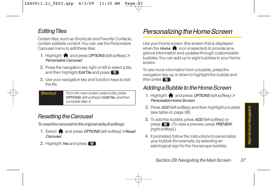 Personalizing the home screen, Editing tiles, Resetting the carousel | Adding a bubble to the home screen | LG LGLX600 User Manual | Page 51 / 193