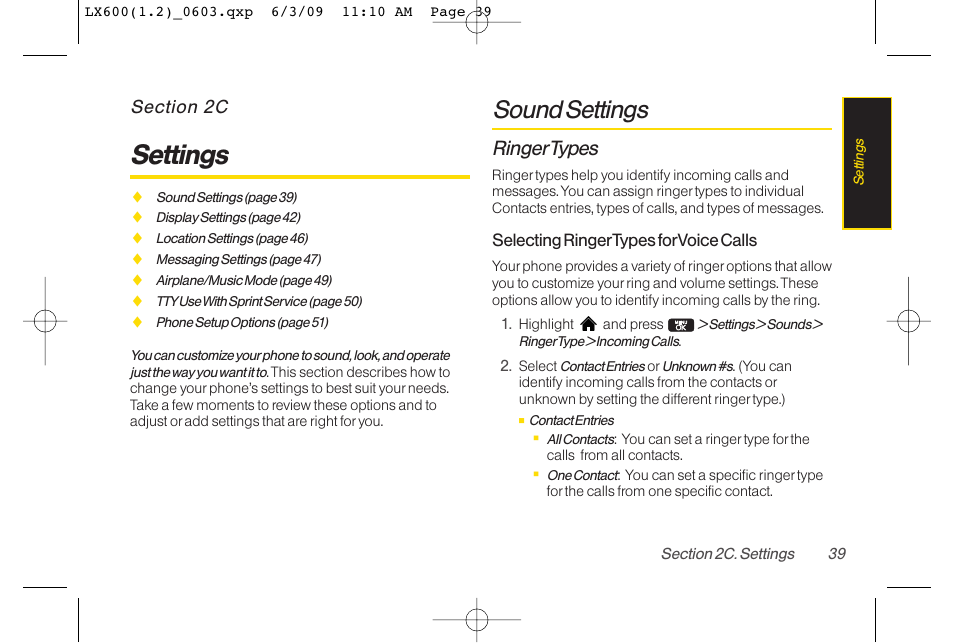 Settings, Sound settings, Ringertypes | LG LGLX600 User Manual | Page 53 / 193