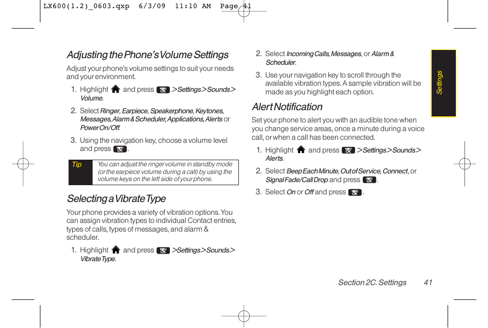 Adjusting the phone’s volume settings, Selecting a vibrate type, Alert notification | LG LGLX600 User Manual | Page 55 / 193