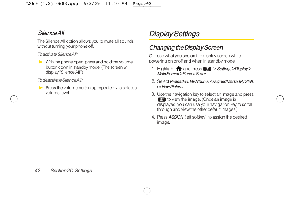 Display settings, Silence all, Changing the display screen | LG LGLX600 User Manual | Page 56 / 193