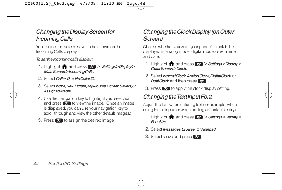 Changing the display screen for incoming calls, Changing the clock display (on outer screen), Changing the text input font | LG LGLX600 User Manual | Page 58 / 193