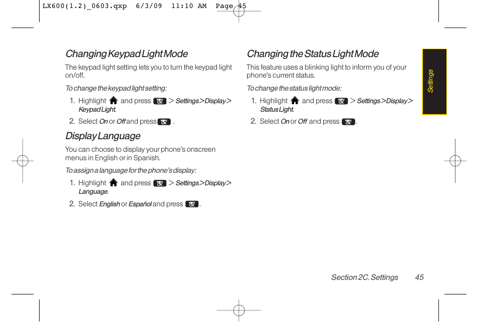 Changing keypad light mode, Display language, Changing the status light mode | LG LGLX600 User Manual | Page 59 / 193