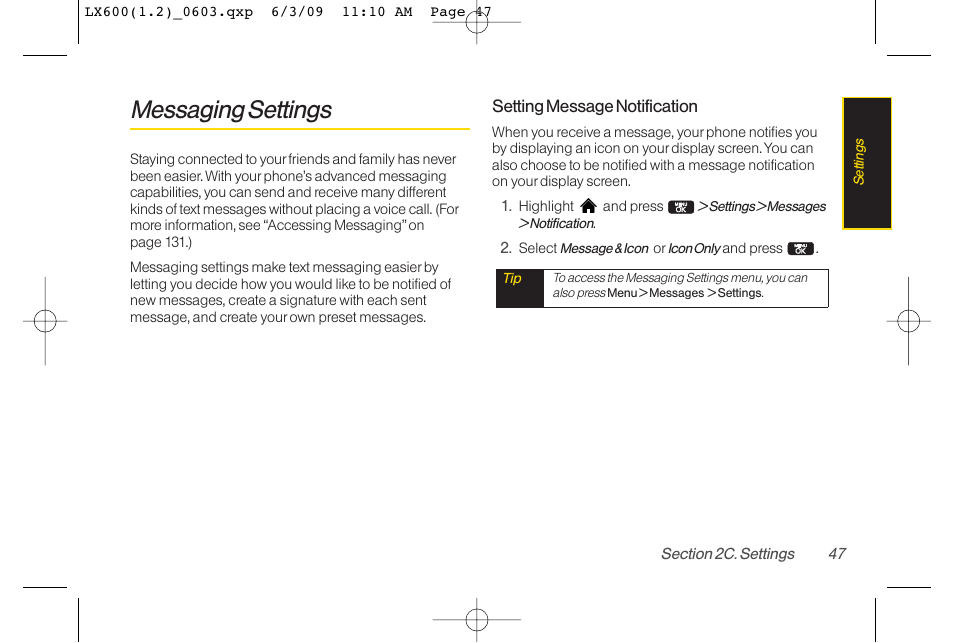 Messaging settings | LG LGLX600 User Manual | Page 61 / 193