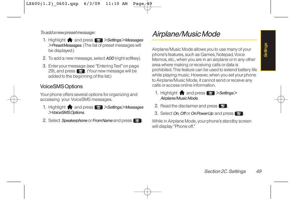 Airplane/music mode | LG LGLX600 User Manual | Page 63 / 193