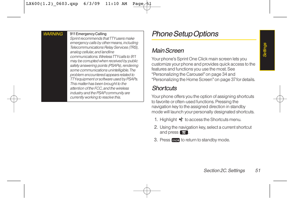 Phone setup options, Main screen, Shortcuts | LG LGLX600 User Manual | Page 65 / 193