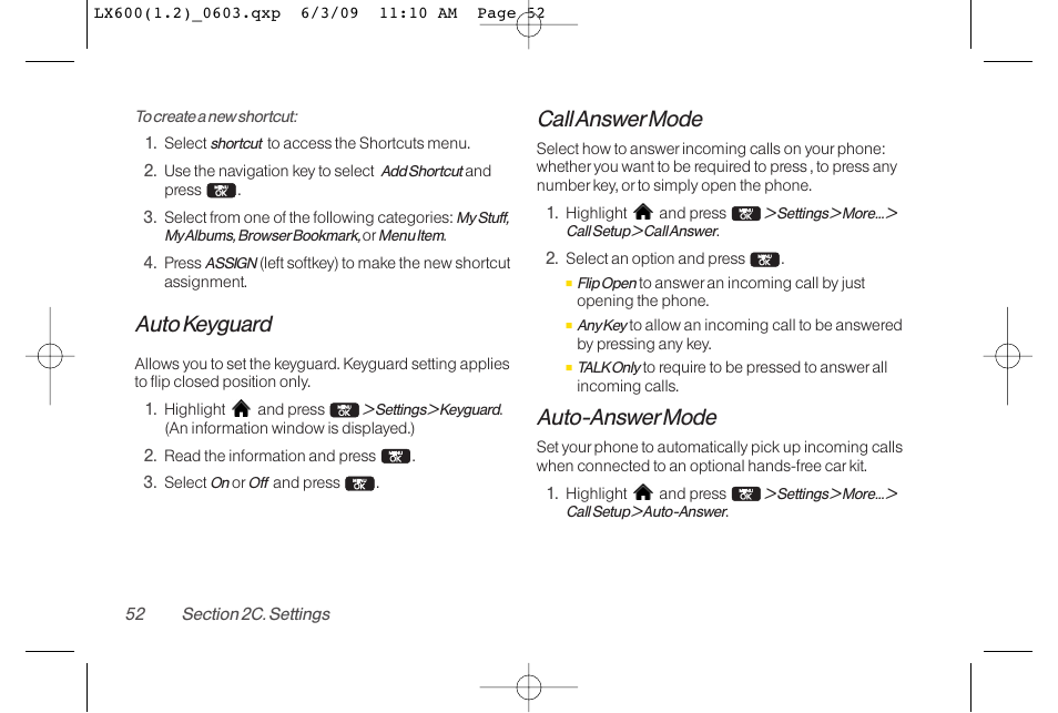 Auto keyguard, Call answermode, Auto-answermode | LG LGLX600 User Manual | Page 66 / 193