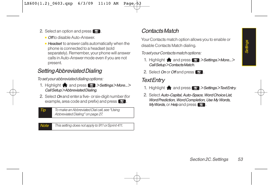 Setting abbreviated dialing, Contacts match, Text entry | LG LGLX600 User Manual | Page 67 / 193