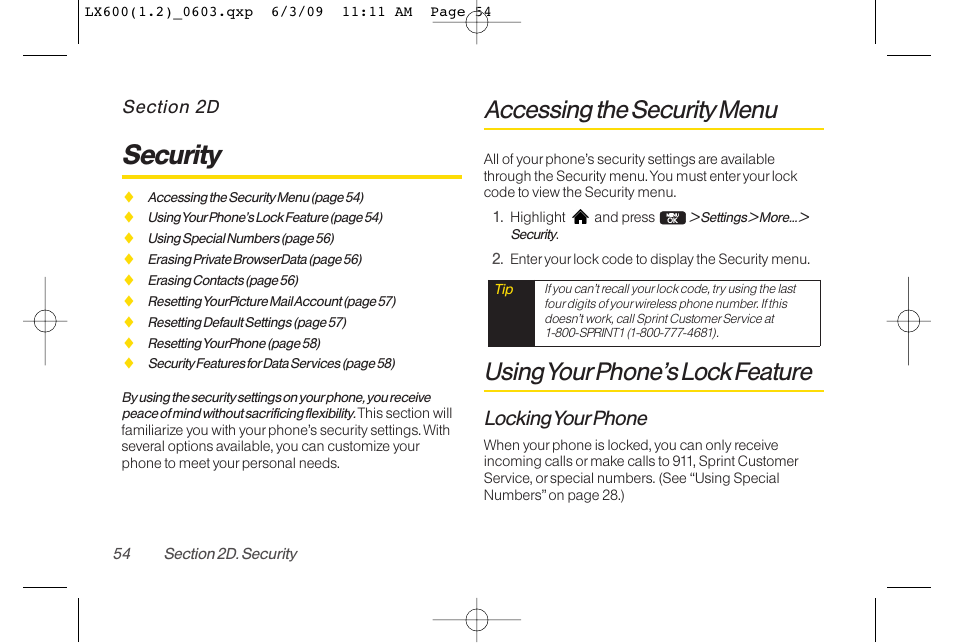 Security, Accessing the security menu, Using yourphone’s lock feature | Locking yourphone | LG LGLX600 User Manual | Page 68 / 193