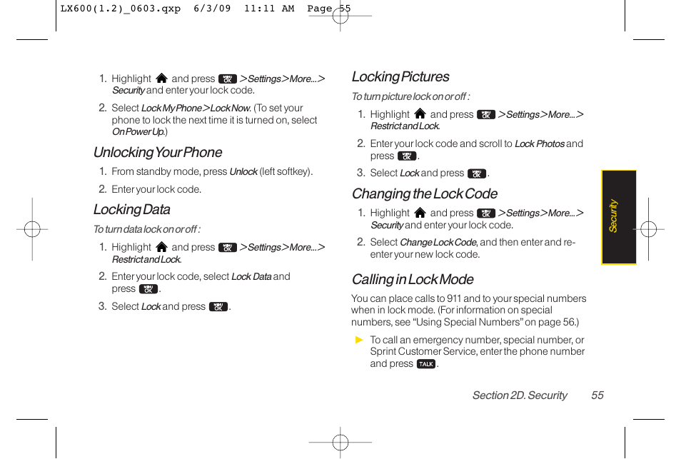 Unlocking yourphone, Locking data, Locking pictures | Changing the lock code, Calling in lock mode | LG LGLX600 User Manual | Page 69 / 193