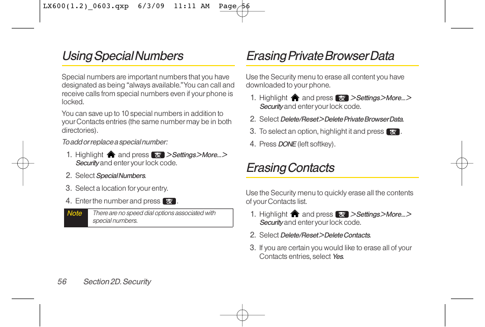 Using special numbers, Erasing private browserdata, Erasing contacts | LG LGLX600 User Manual | Page 70 / 193