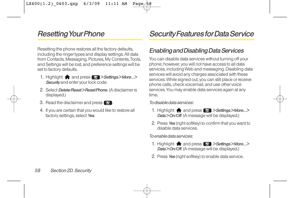 Resetting yourphone, Security features fordata service, Enabling and disabling data services | LG LGLX600 User Manual | Page 72 / 193