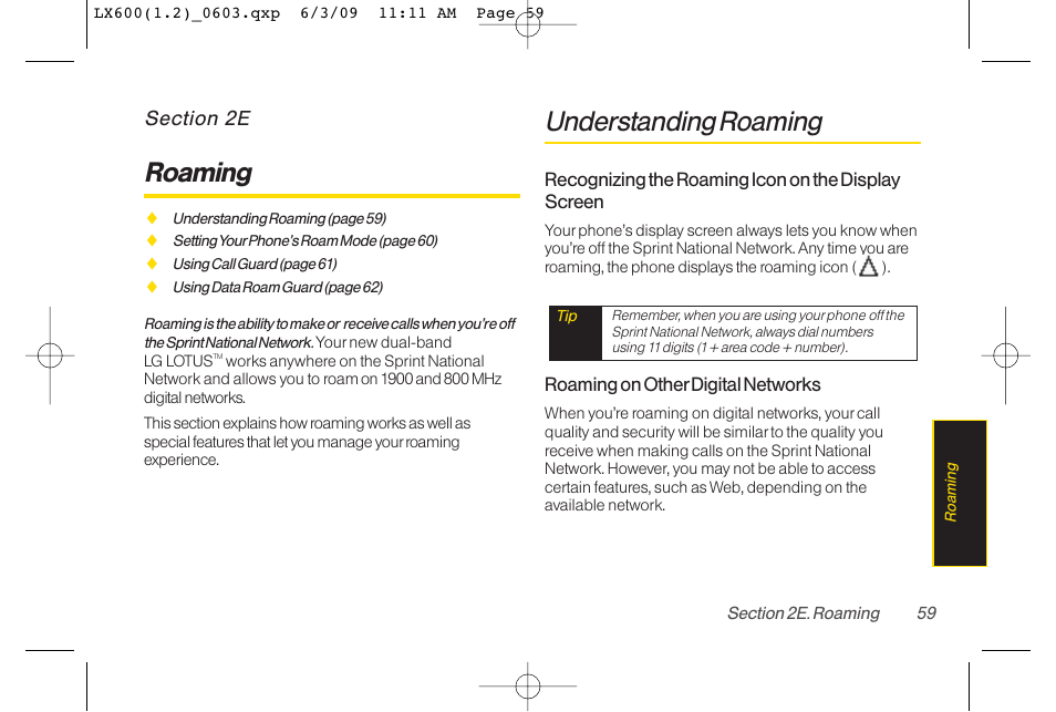 Roaming, Understanding roaming | LG LGLX600 User Manual | Page 73 / 193