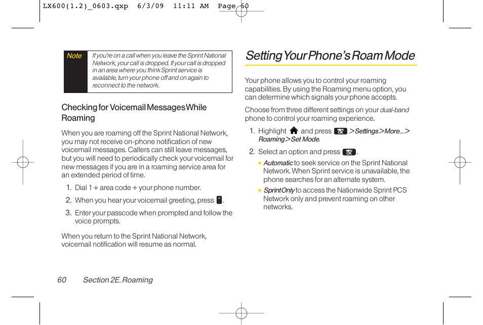 Setting yourphone’s roam mode | LG LGLX600 User Manual | Page 74 / 193