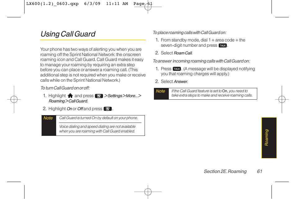 Using call guard | LG LGLX600 User Manual | Page 75 / 193