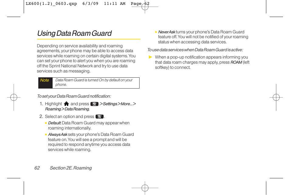 Using data roam guard | LG LGLX600 User Manual | Page 76 / 193