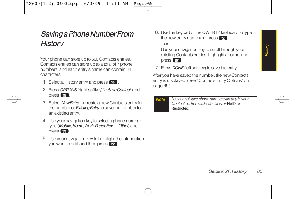 Saving a phone numberfrom history | LG LGLX600 User Manual | Page 79 / 193