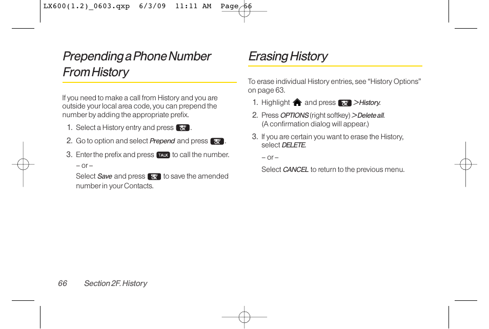 Prepending a phone number from history, Erasing history | LG LGLX600 User Manual | Page 80 / 193