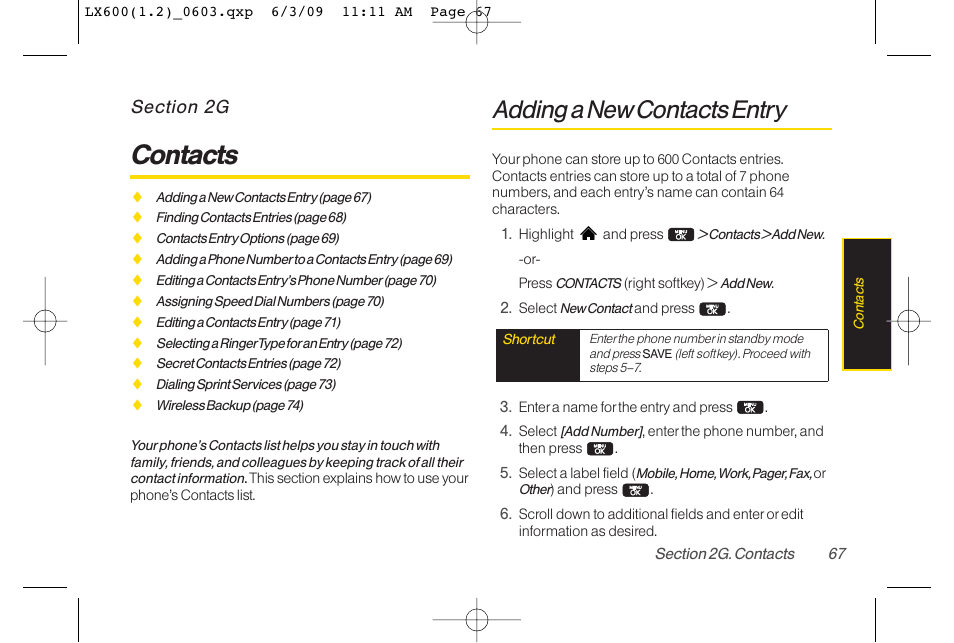 Contacts, Adding a new contacts entry | LG LGLX600 User Manual | Page 81 / 193