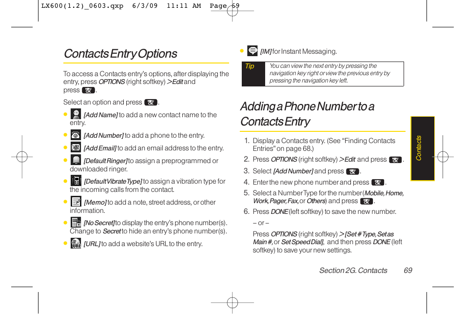 Contacts entry options, Adding a phone numberto a contacts entry | LG LGLX600 User Manual | Page 83 / 193