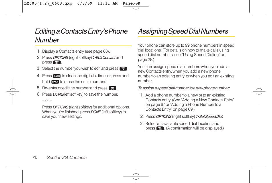 Editing a contacts entry’s phone number, Assigning speed dial numbers | LG LGLX600 User Manual | Page 84 / 193