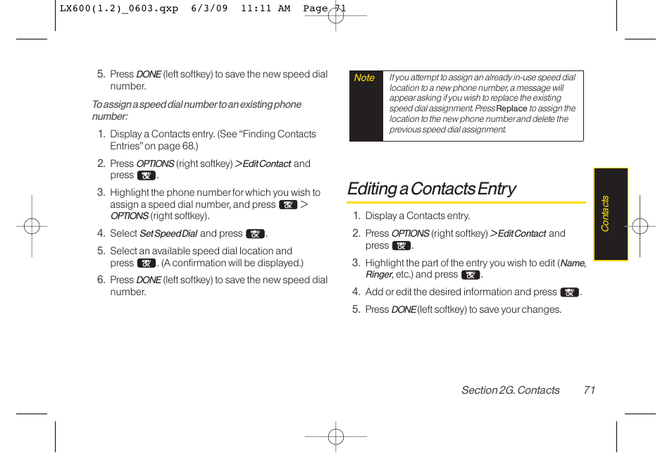 Editing a contacts entry | LG LGLX600 User Manual | Page 85 / 193