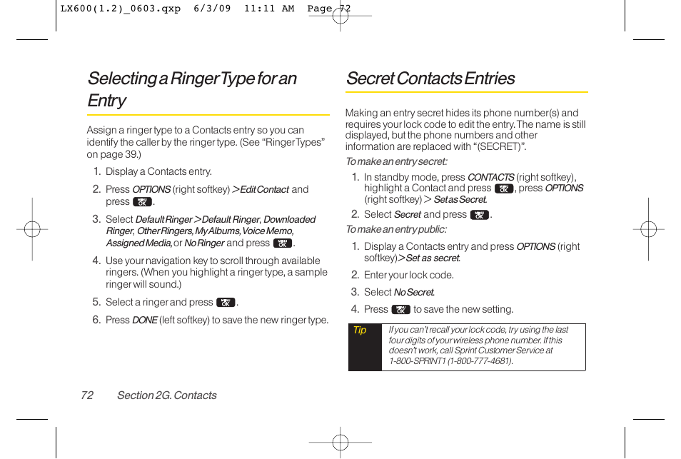 Selecting a ringertype foran entry, Secret contacts entries | LG LGLX600 User Manual | Page 86 / 193