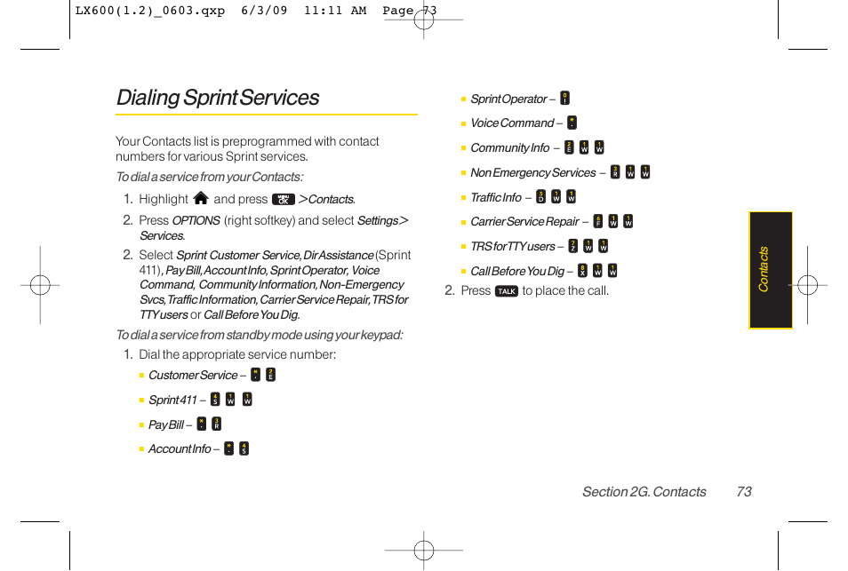 Dialing sprint services | LG LGLX600 User Manual | Page 87 / 193