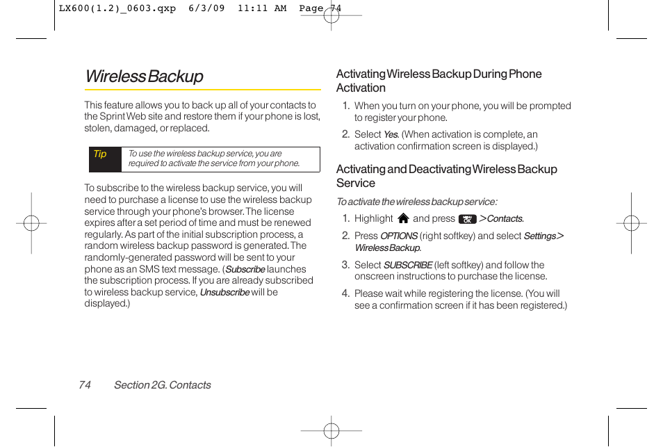 Wireless backup | LG LGLX600 User Manual | Page 88 / 193