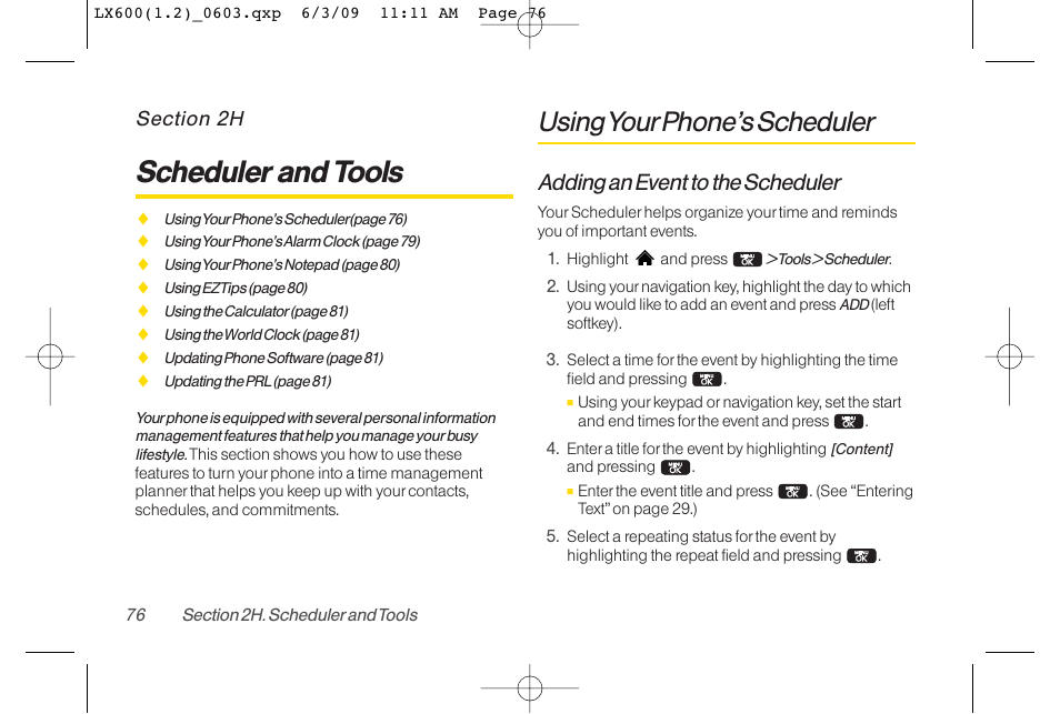 Scheduler and tools, Using yourphone’s scheduler, Adding an event to the scheduler | LG LGLX600 User Manual | Page 90 / 193