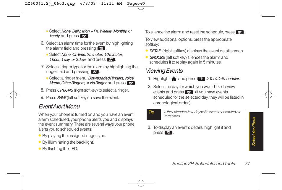 Event alert menu, Viewing events | LG LGLX600 User Manual | Page 91 / 193