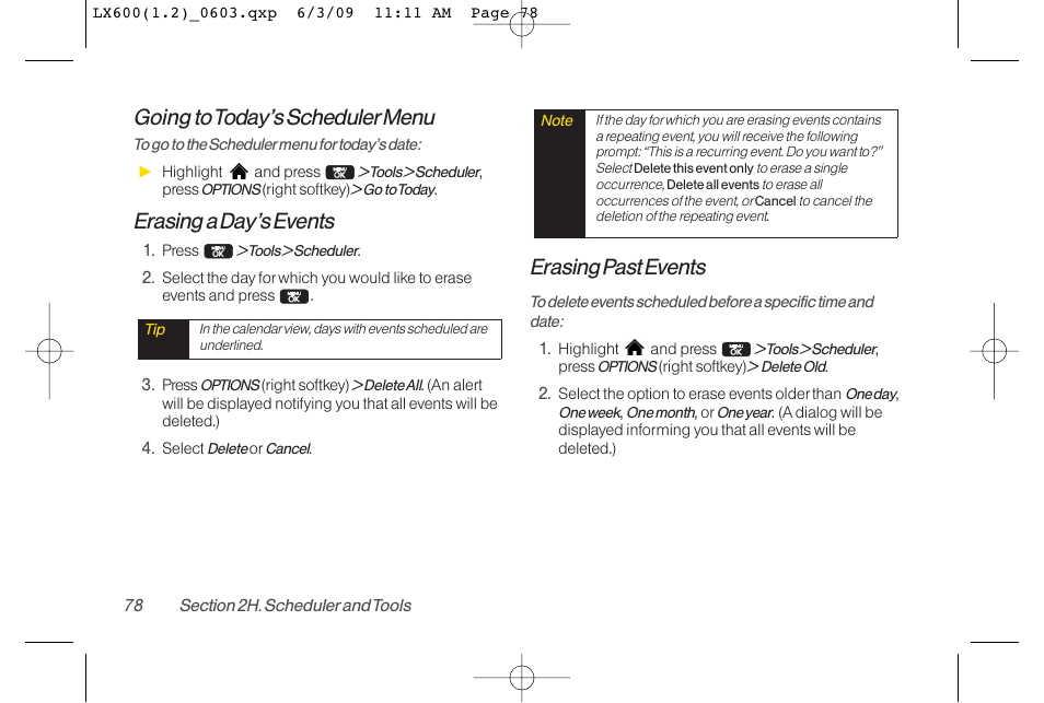 Going to today’s schedulermenu, Erasing a day’s events, Erasing past events | LG LGLX600 User Manual | Page 92 / 193