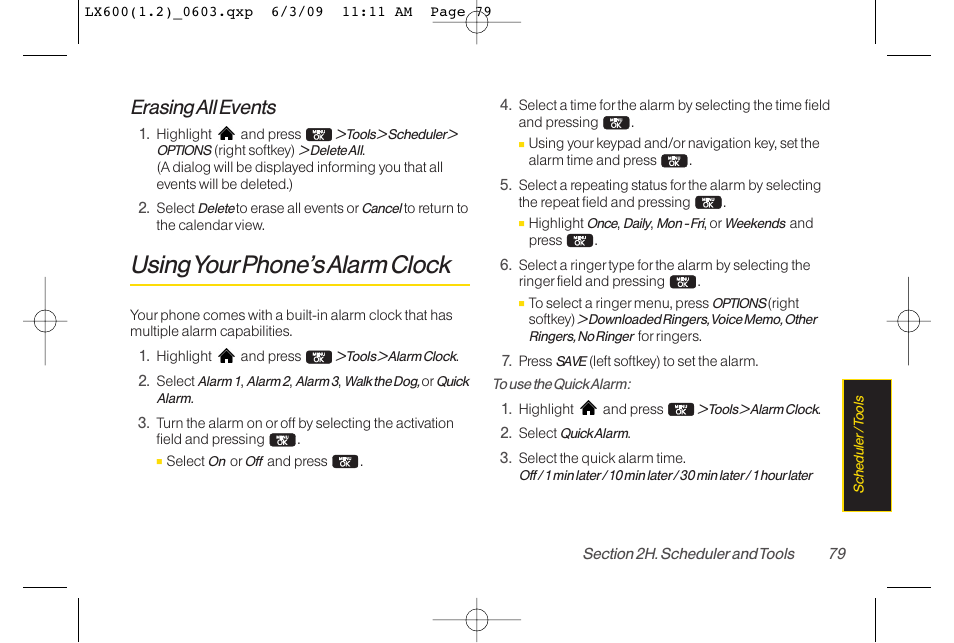 Using yourphone’s alarm clock, Erasing all events | LG LGLX600 User Manual | Page 93 / 193