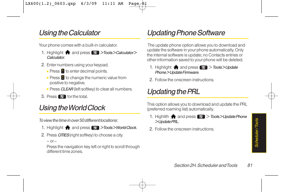 Using the calculator, Using the world clock, Updating phone software | Updating the prl | LG LGLX600 User Manual | Page 95 / 193