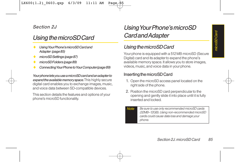 Using the microsd card, Using yourphone’s microsd card and adapter | LG LGLX600 User Manual | Page 99 / 193