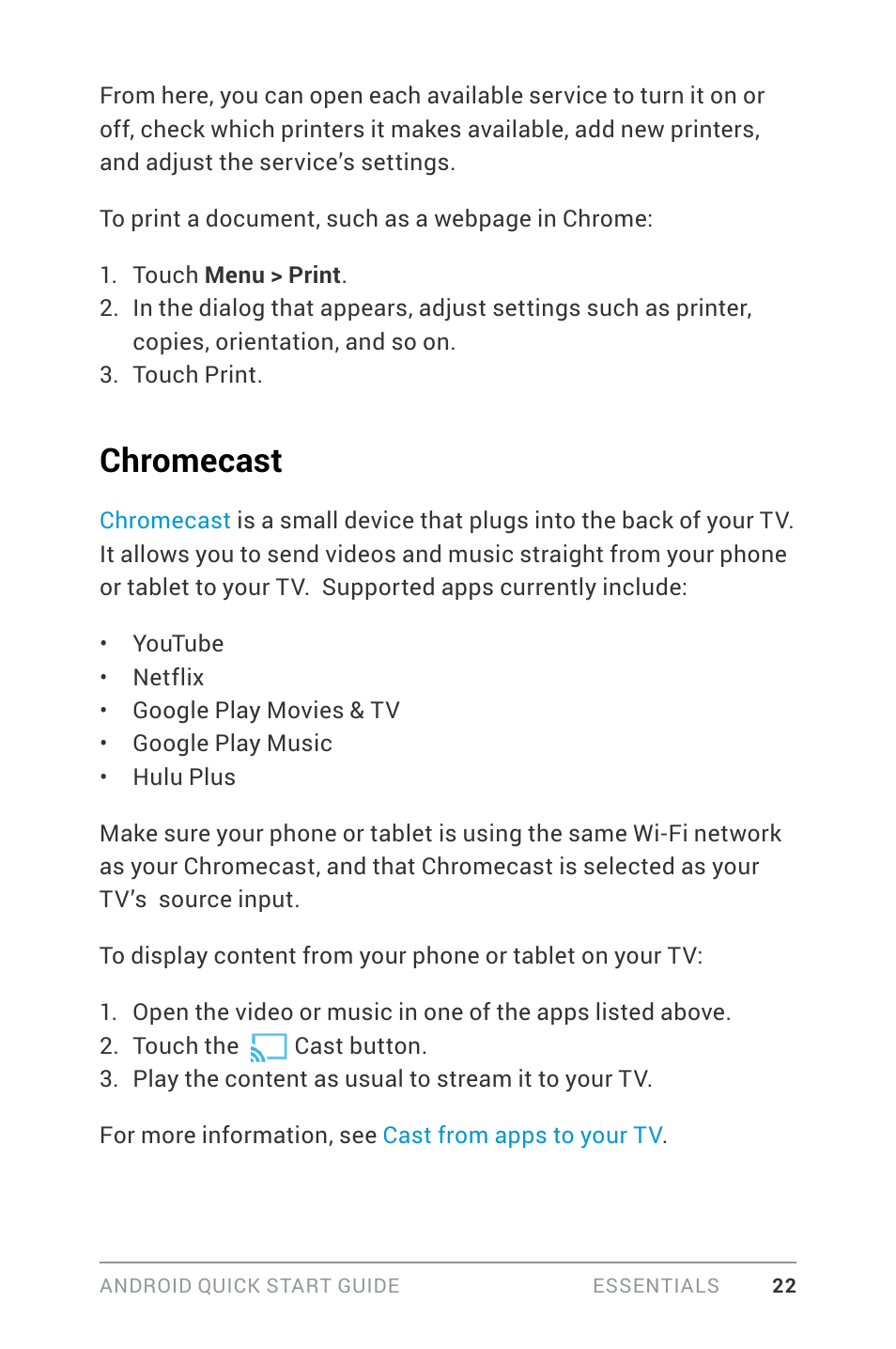 Chromecast, Chromecast 22 | LG LGD820Z User Manual | Page 26 / 53