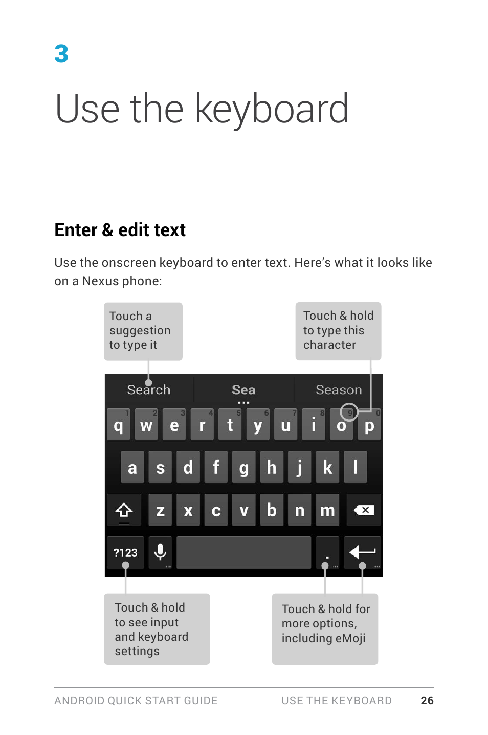 3 use the keyboard, Use the keyboard, Enter & edit text | LG LGD820Z User Manual | Page 30 / 53