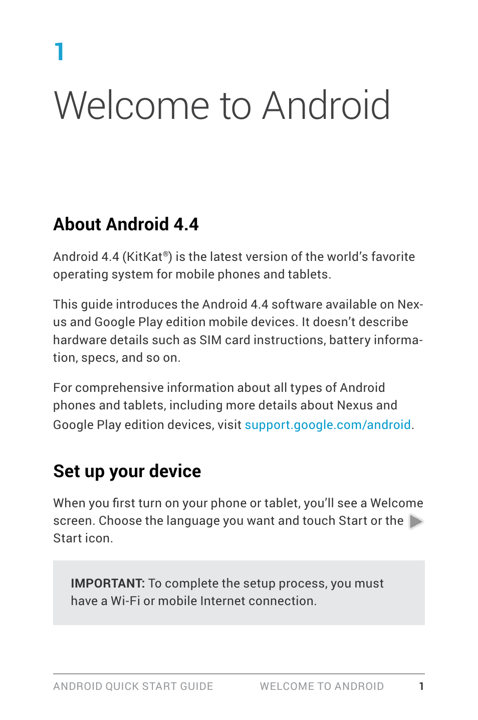 1 get started, Welcome to android, About android 4.4 | Set up your device, 1 welcome to android | LG LGD820Z User Manual | Page 5 / 53