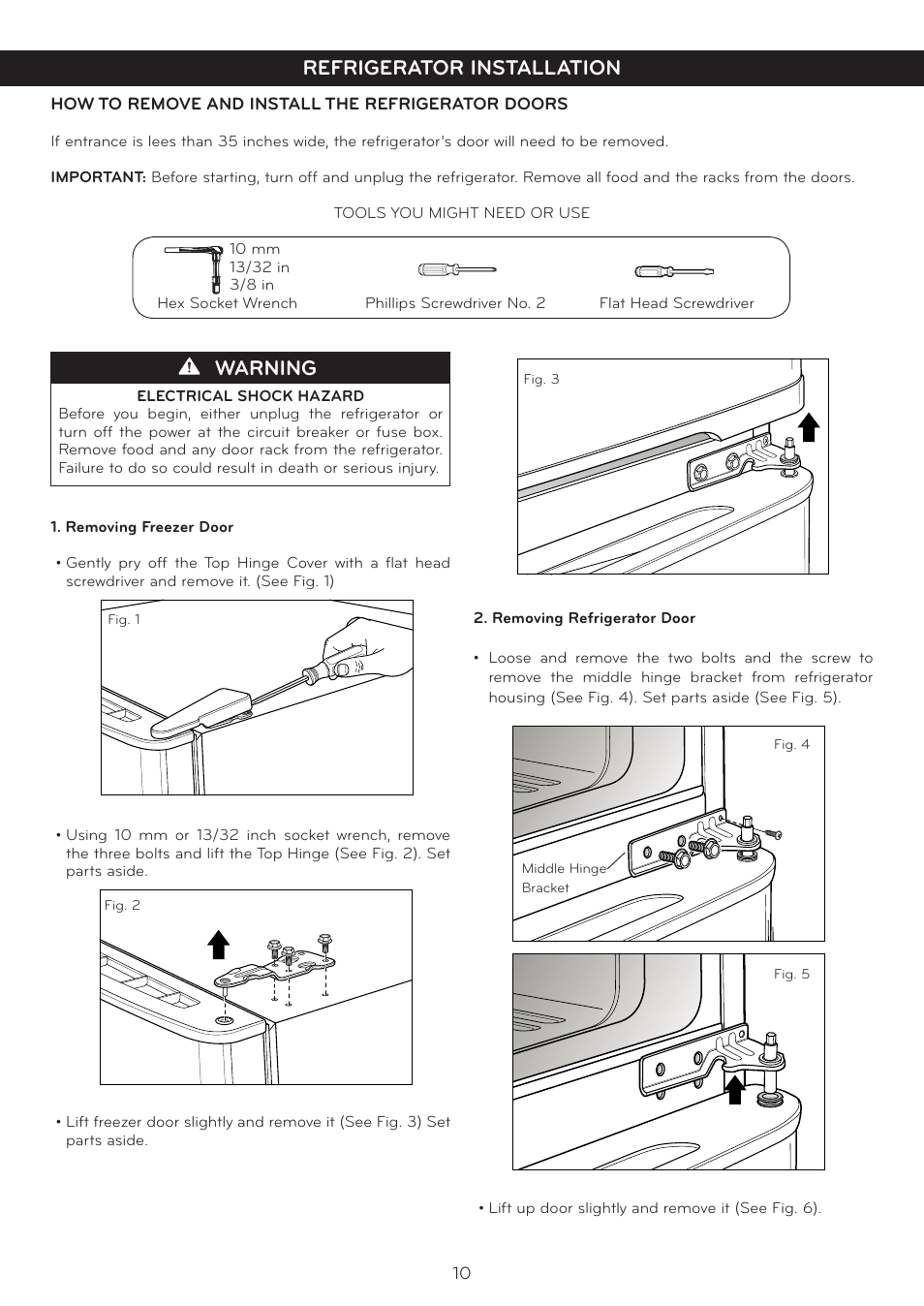 Warning, Refrigerator installation | LG LTC19340ST User Manual | Page 10 / 31