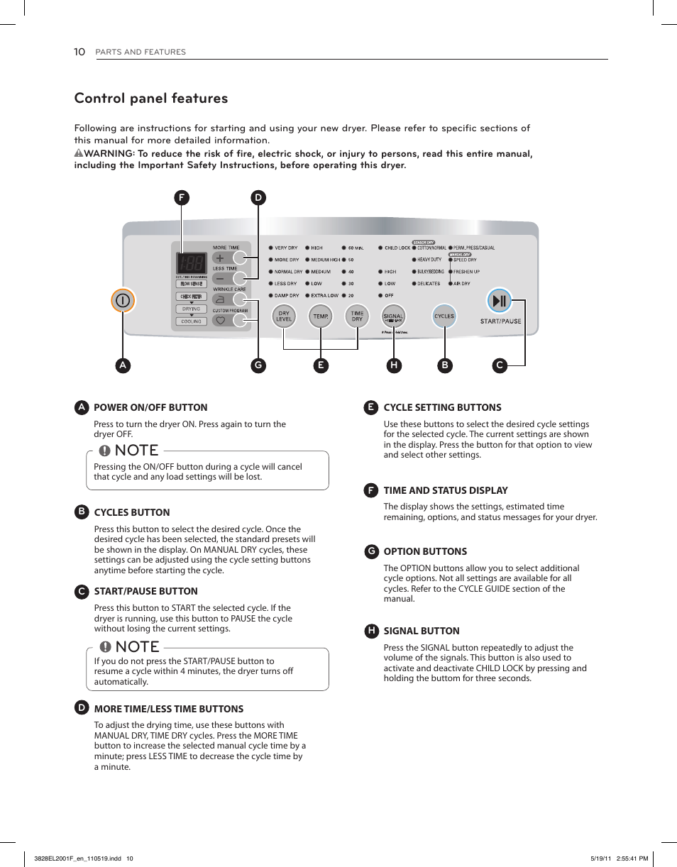 Control panel features | LG DLG4802W User Manual | Page 10 / 76