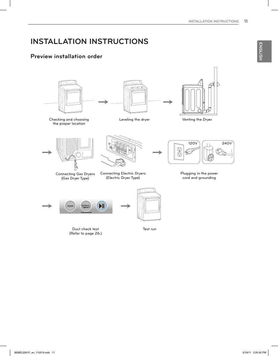Installation instructions, Preview installation order | LG DLG4802W User Manual | Page 11 / 76