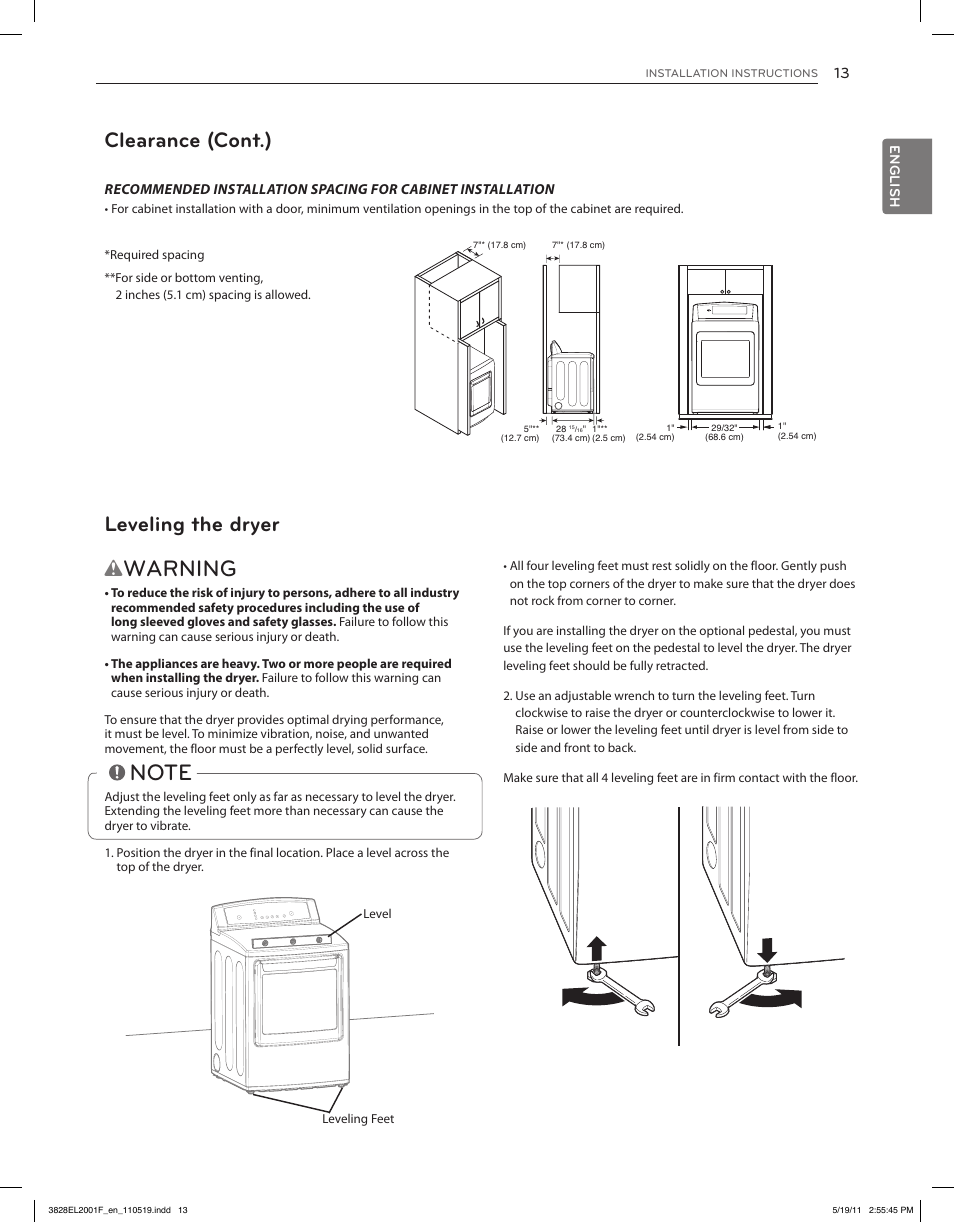 Warning, Clearance (cont.), Leveling the dryer | English | LG DLG4802W User Manual | Page 13 / 76