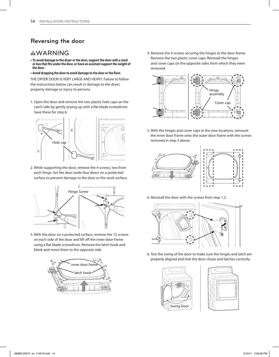 Warning, Reversing the door | LG DLG4802W User Manual | Page 14 / 76