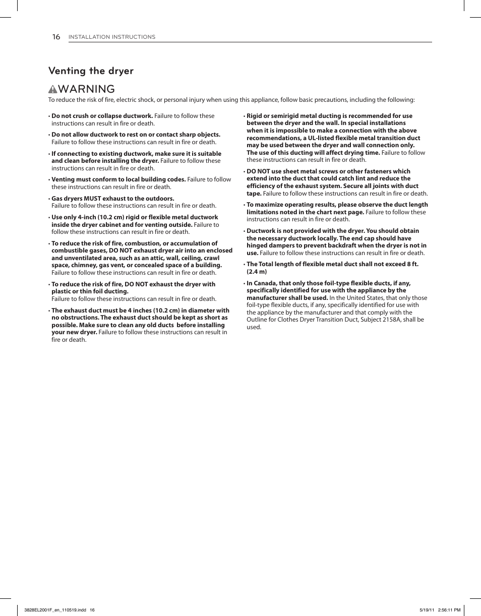 Warning, Venting the dryer | LG DLG4802W User Manual | Page 16 / 76