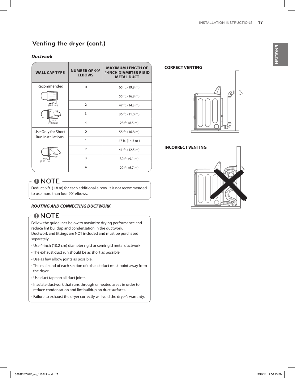 Venting the dryer (cont.) | LG DLG4802W User Manual | Page 17 / 76