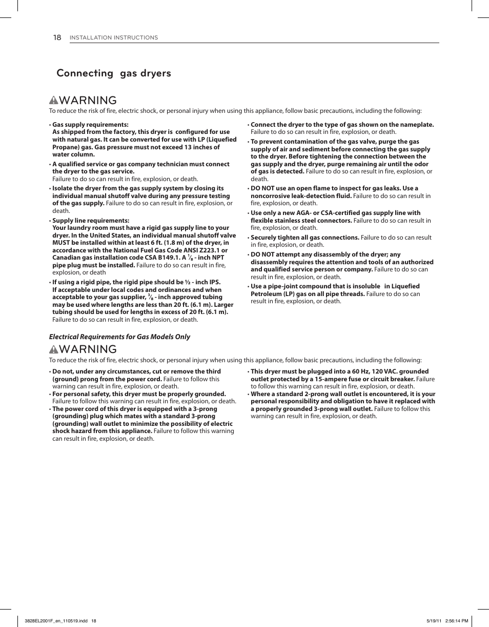 Warning, Connecting gas dryers | LG DLG4802W User Manual | Page 18 / 76