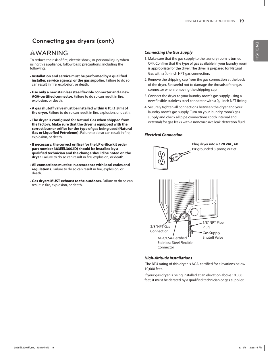 Warning, Connecting gas dryers (cont.) | LG DLG4802W User Manual | Page 19 / 76
